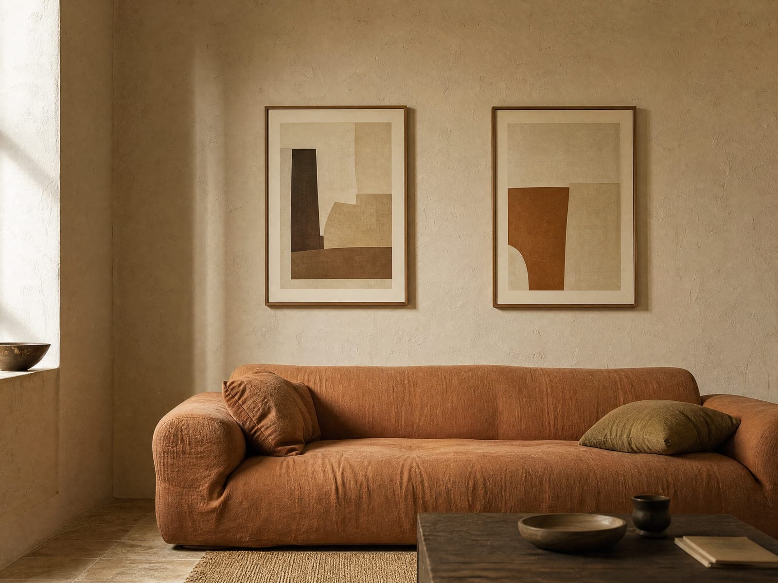 Two framed prints centred above a sofa on a plaster wall