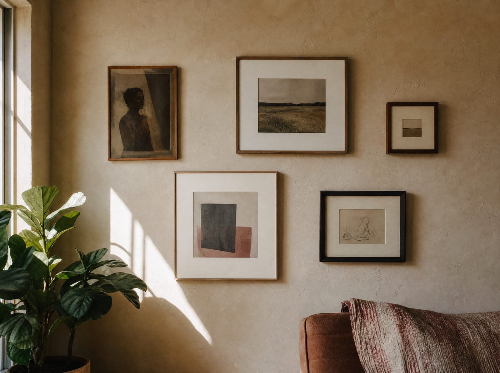 An uneven arrangement of five framed prints on a plaster wall