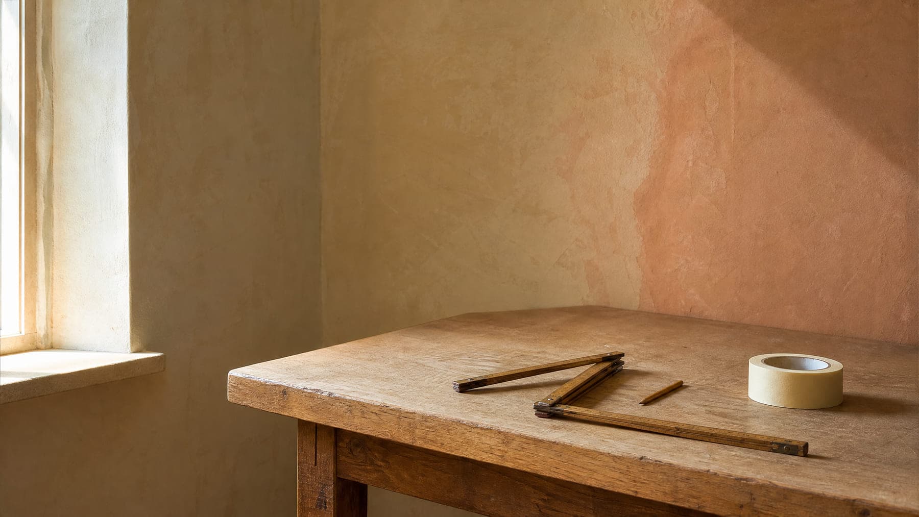 A worktable by a window with a folding rule, a pencil and a roll of masking tape
